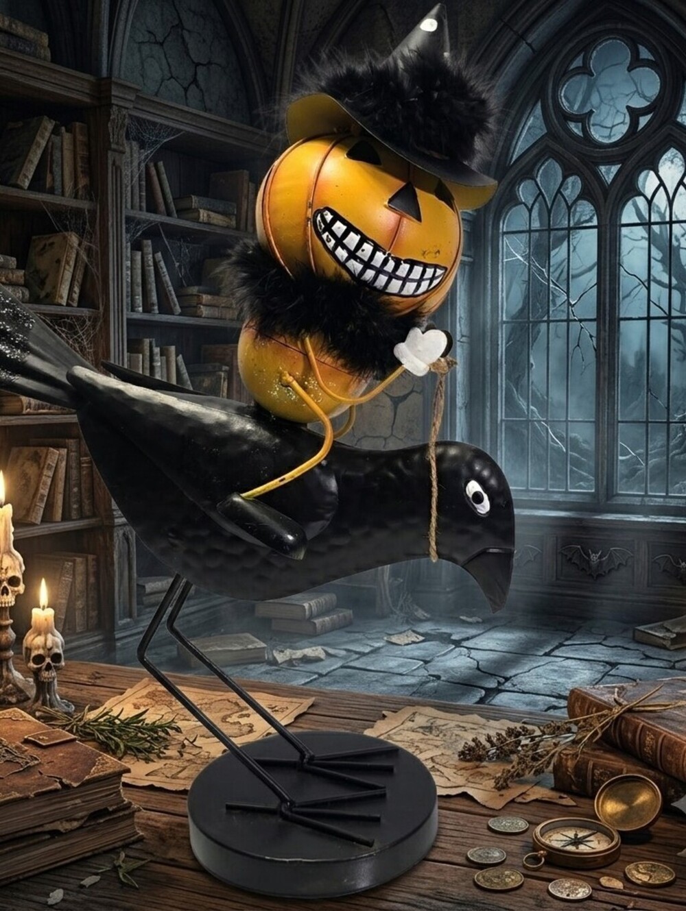 Tin Pumpkin On Black Crow Standing Halloween Décor 15.25 Inches Tall